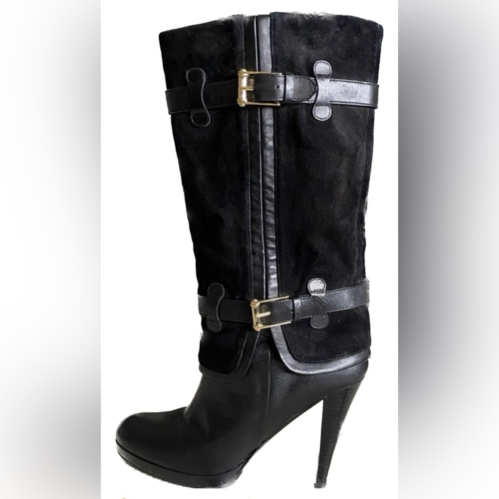 Cole Haan Fold Over High Heel Boots Black Suede w Gold Buckle Detail. 7.  NWOT